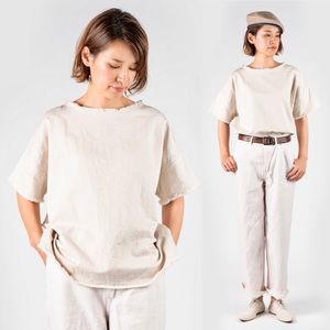 45R by 45RPM Japanese Cotton Linen Denim Frayed Hem Oversized Top in Beige